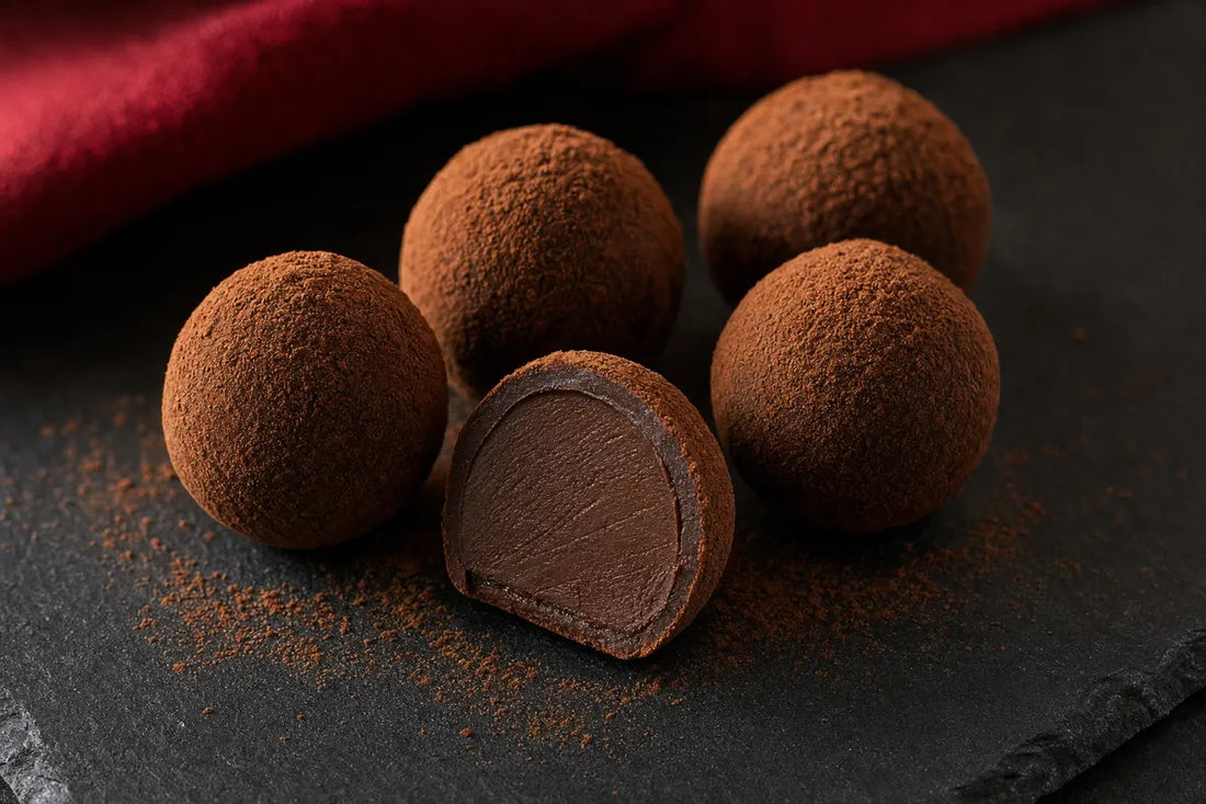 Dark chocolate truffles dusted with cocoa on slate, one cut in half to show a smooth ganache centre