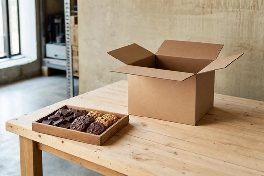 An open brown shipping carton and a wooden tray of chocolate pieces and cookies on a pine warehouse table