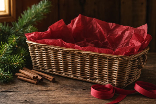 A wicker hamper lined with deep red tissue paper on a rustic table beside pine sprigs, cinnamon sticks and red ribbon