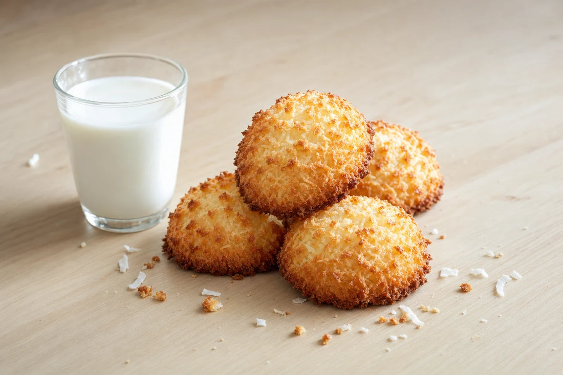 Four golden coconut cookies on a maple counter beside a glass of milk and a scatter of crumbs
