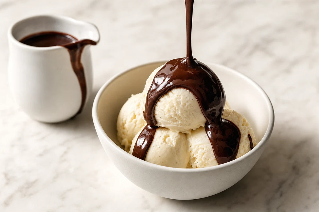 Dark chocolate sauce being poured over a bowl of vanilla ice cream on a marble counter