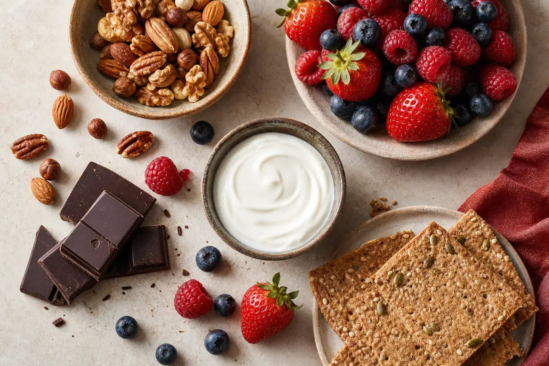Overhead flat lay of berries, nuts, yoghurt, dark chocolate squares and seeded crackers on a pale worktop