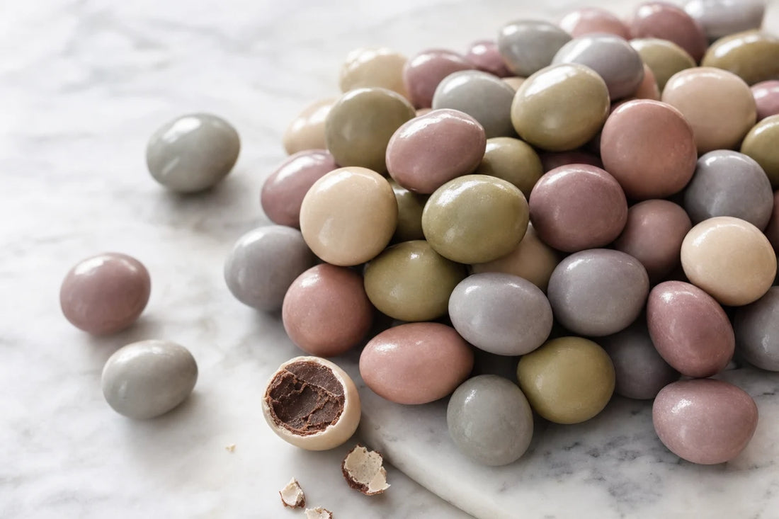 A close view of glossy chocolate dragees in pastel shells heaped on a marble slab, one broken open