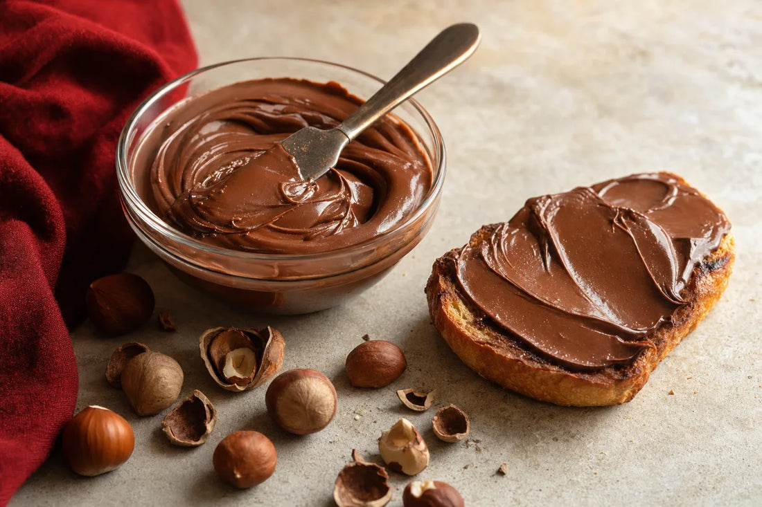 A glass bowl of hazelnut chocolate spread with a knife resting in it beside a slice of toast and hazelnuts