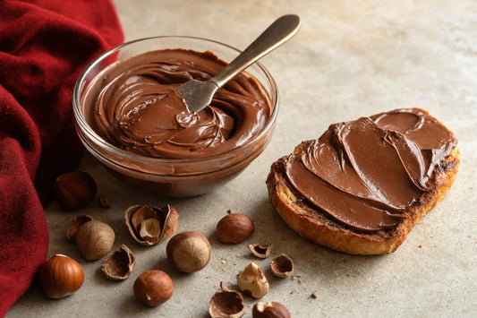 A glass bowl of hazelnut chocolate spread with a knife resting in it beside a slice of toast and hazelnuts