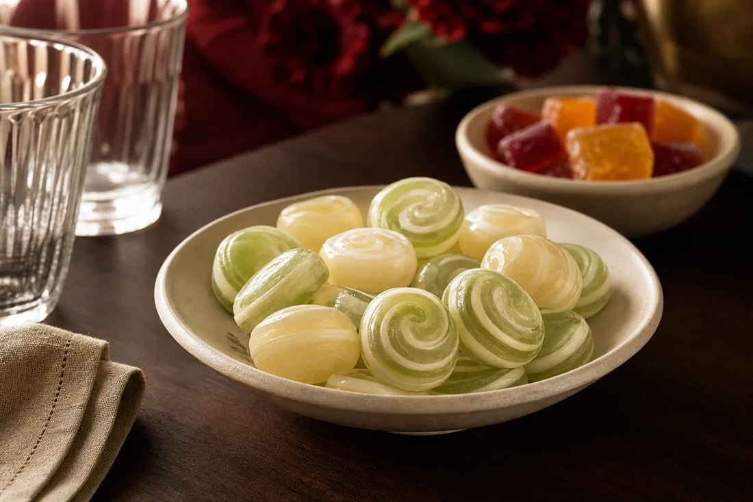 Bowls of swirled cream sweets and fruit jellies on a dark wooden table set for an evening gathering