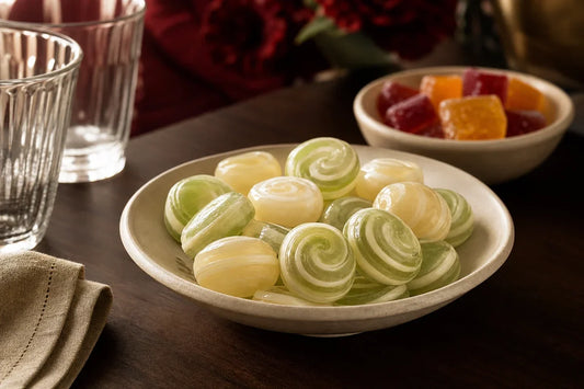 Bowls of swirled cream sweets and fruit jellies on a dark wooden table set for an evening gathering