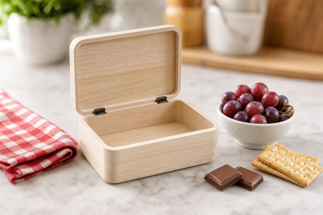 An open wooden lunch box on a counter beside a bowl of grapes, crackers and two squares of milk chocolate
