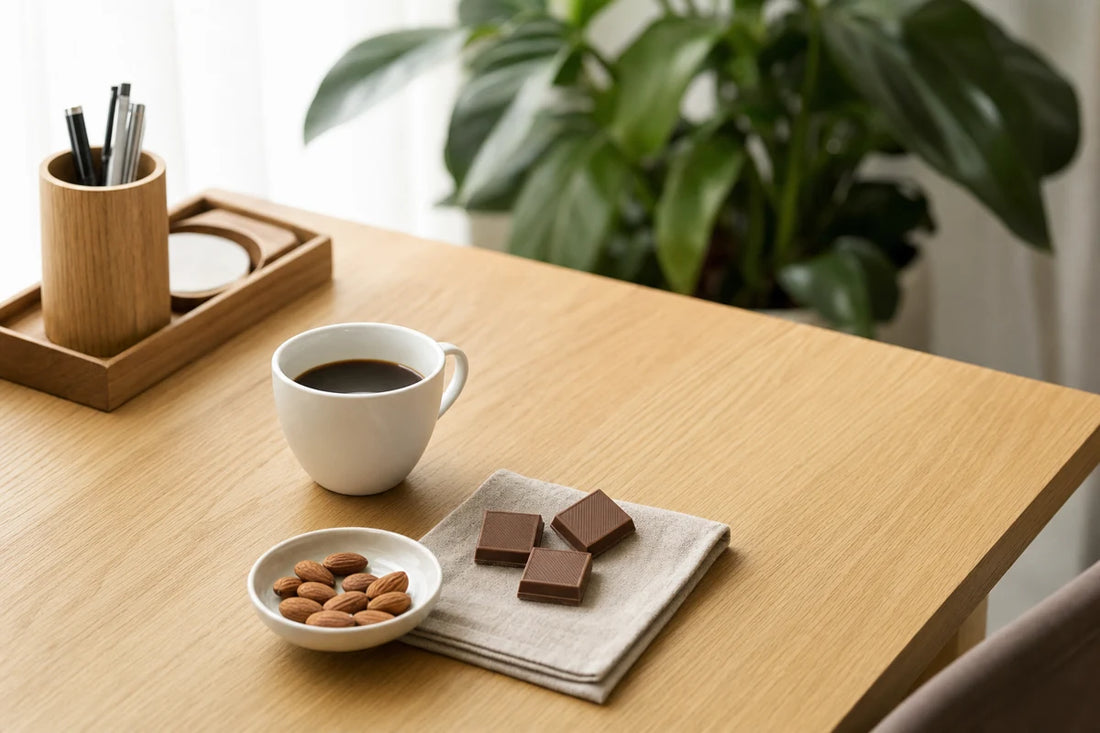 A coffee cup, a dish of almonds and three squares of milk chocolate on a light oak office desk
