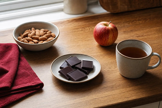 A plate of chocolate squares, a bowl of almonds, an apple and a mug of tea on an oak worktop