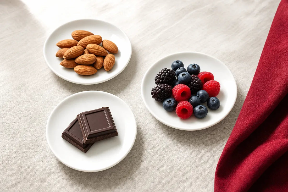 Three small plates holding almonds, mixed berries and two squares of dark chocolate on a pale cloth
