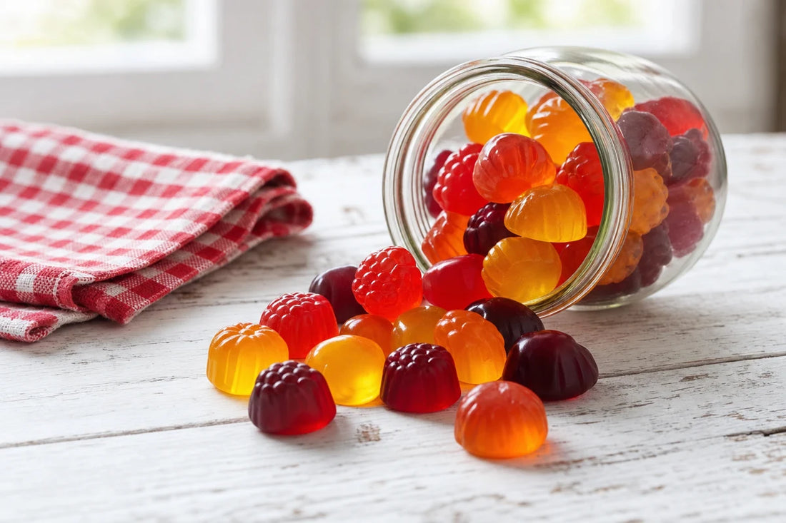 A tipped glass jar spilling glossy fruit flavoured jelly sweets across a pale wooden table