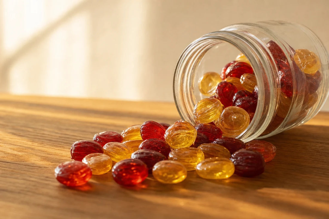 A glass jar tipped on its side spilling glossy boiled sweets across a honey oak table