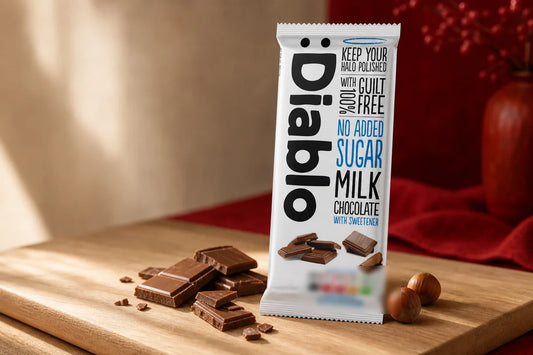 Diablo no added sugar milk chocolate bar standing on an oak board beside broken chocolate squares and hazelnuts