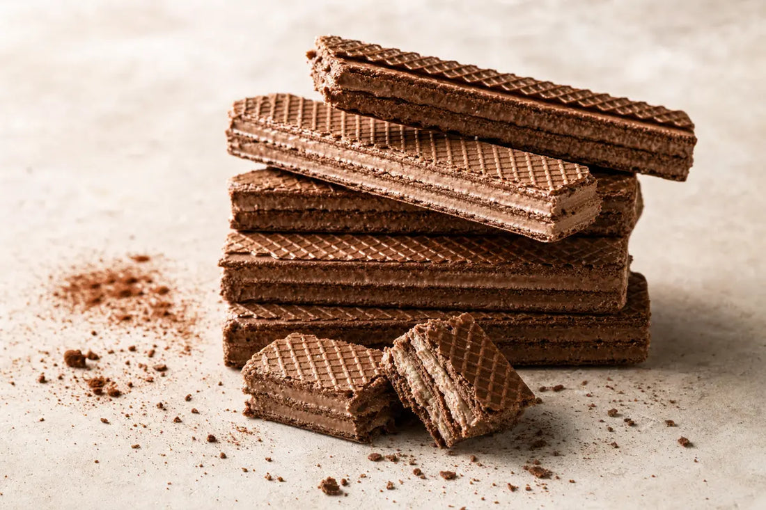 A stack of layered chocolate cream wafer fingers on a stone counter with one broken open to show the layers