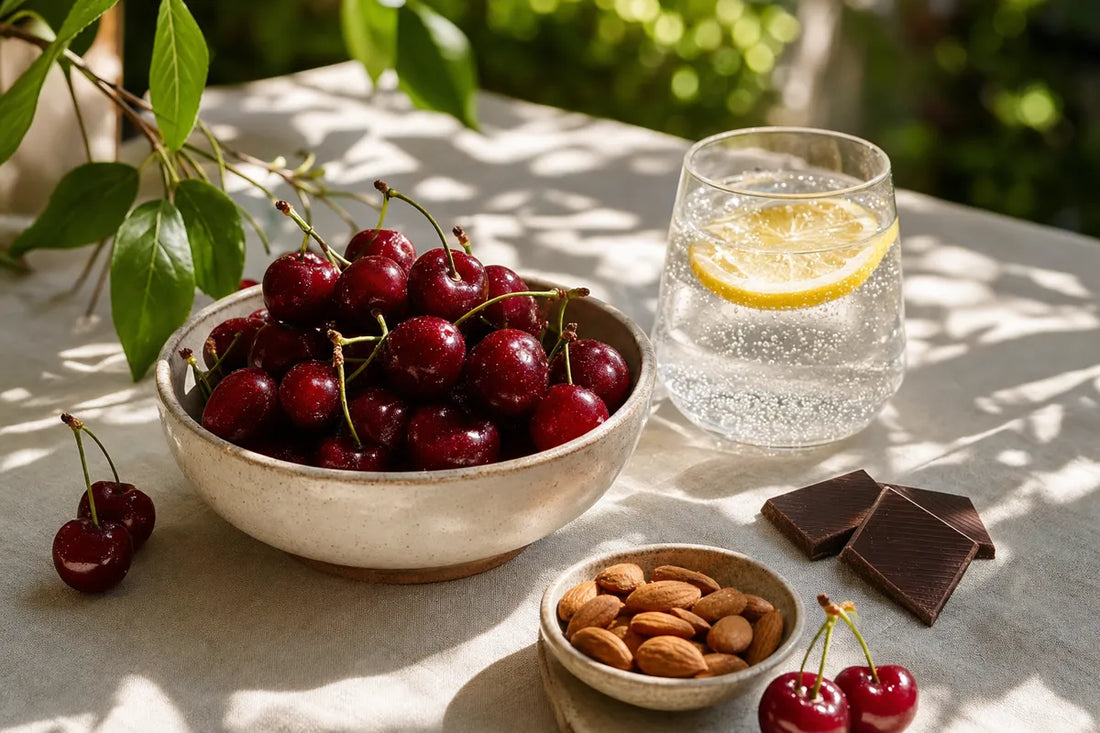 A bowl of cherries, a dish of almonds, a glass of sparkling water with lemon and dark chocolate on an outdoor summer table