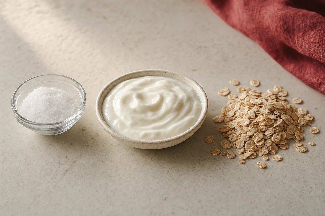 A glass bowl of white sweetener crystals, a dish of plain yoghurt and a scatter of oat flakes on a pale bench