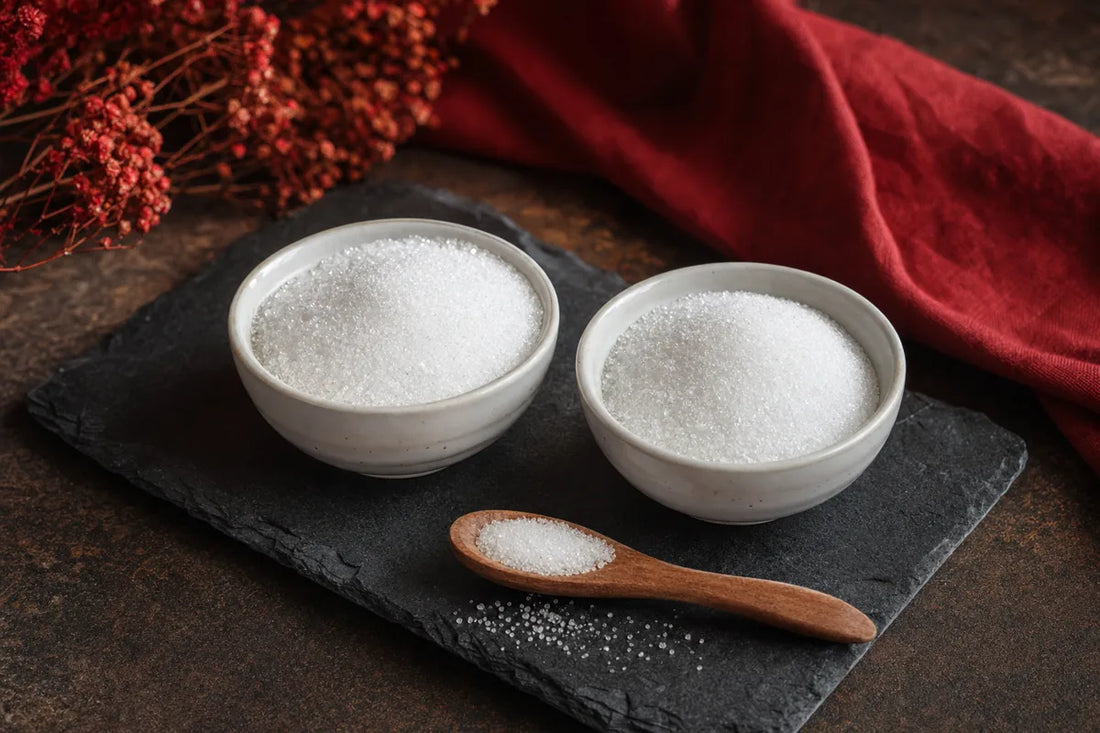 Two small bowls of white crystalline sweetener on a slate board with a wooden spoon