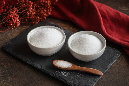 Two small bowls of white crystalline sweetener on a slate board with a wooden spoon
