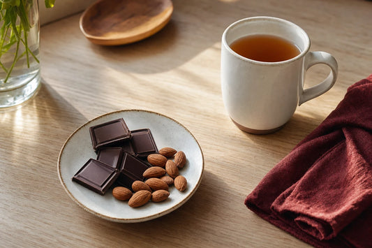 A mug of tea beside a small plate of dark chocolate squares and almonds on a light oak table