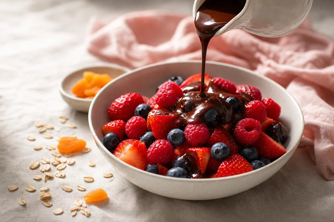 Dark chocolate sauce poured over a bowl of fresh strawberries, raspberries and blueberries with oats and dried apricot beside it
