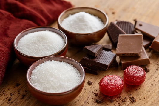 Three bowls of white crystalline sweeteners beside squares of milk and dark chocolate and two red boiled sweets