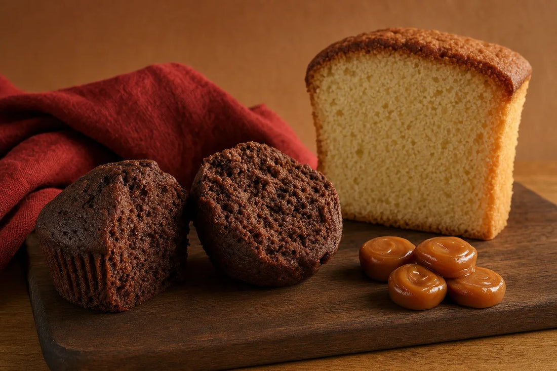 A chocolate muffin broken in half beside a slice of golden sponge cake and four glossy amber butter sweets on a dark oak board