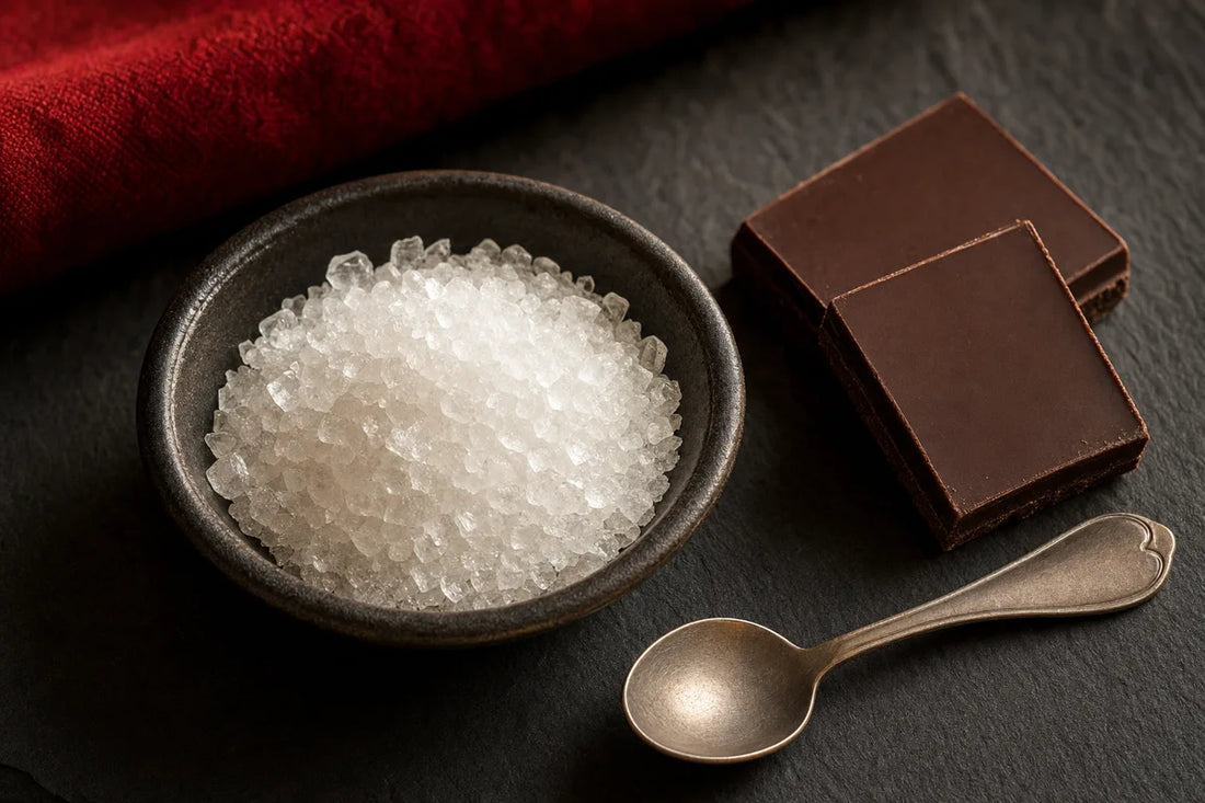 A dark ceramic dish of coarse white sweetener crystals on slate beside two squares of dark chocolate and a small spoon