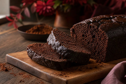 Two thick slices cut from a dark chocolate loaf cake on a wooden board, with a bowl of cocoa powder behind