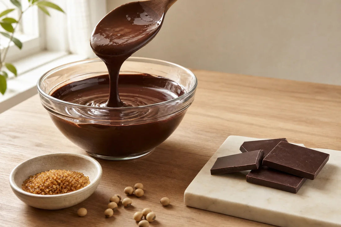 Melted dark chocolate falling from a wooden spoon into a glass bowl, beside a dish of lecithin granules and soybeans