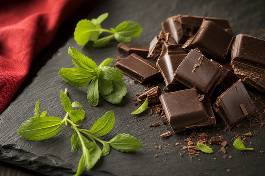 Fresh stevia leaves next to broken squares of dark chocolate on a slate board
