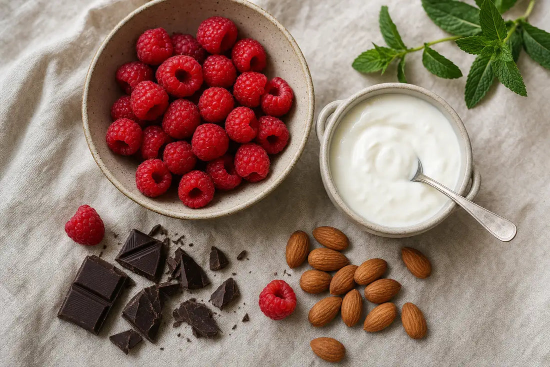 Overhead view of raspberries, almonds, dark chocolate squares and a pot of plain yoghurt on a linen cloth
