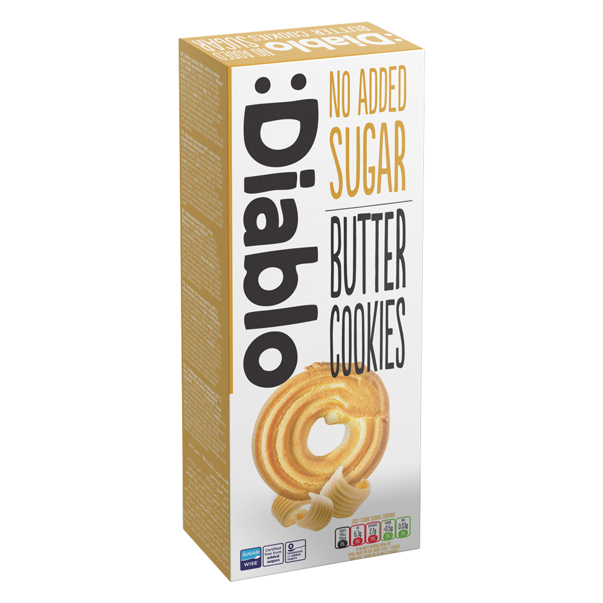 Diablo No Added Sugar Butter Cookies 135g box, maltitol sweetened, traditional shortbread-style biscuit