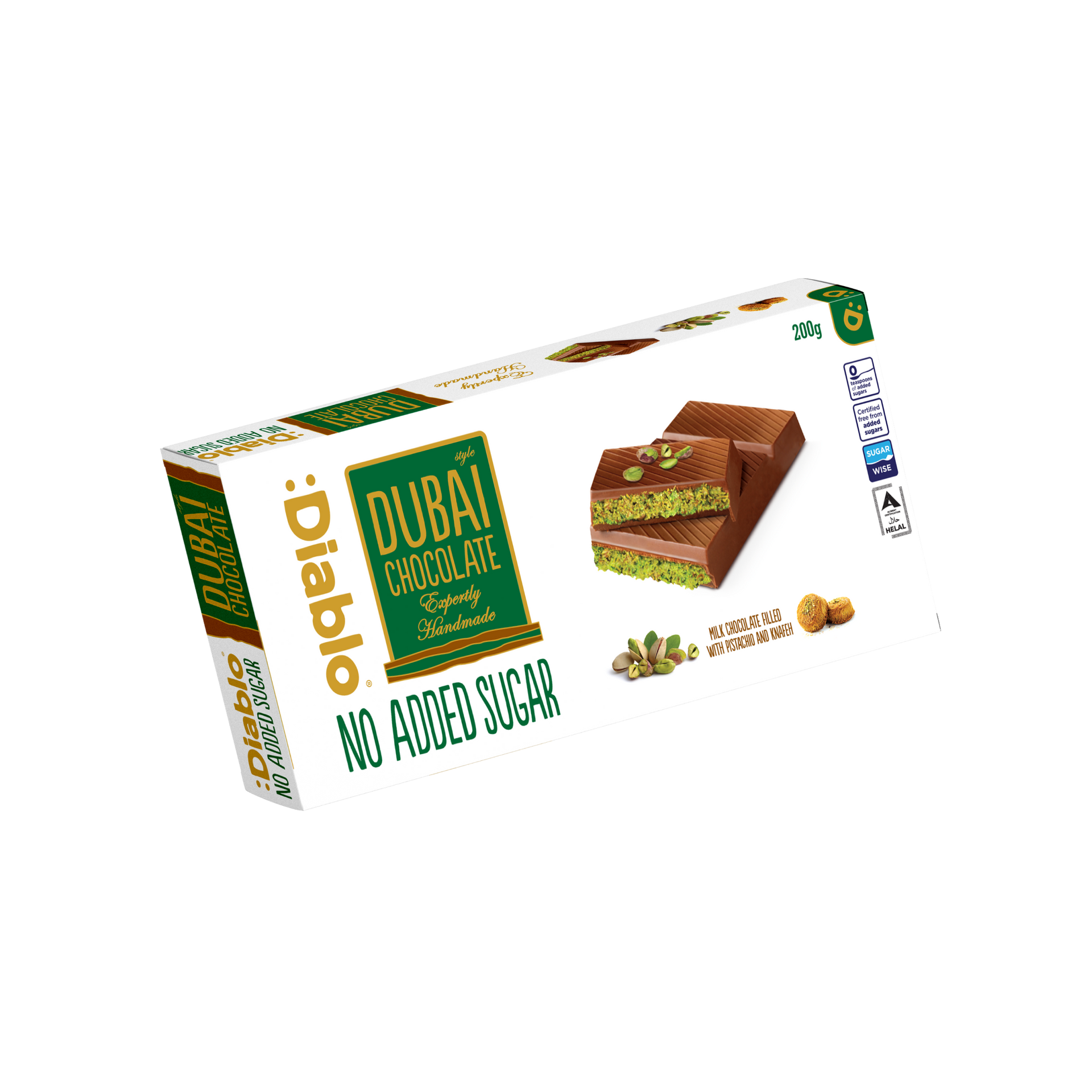 Diablo No Added Sugar Dubai Chocolate 200g limited edition box with pistachio filling