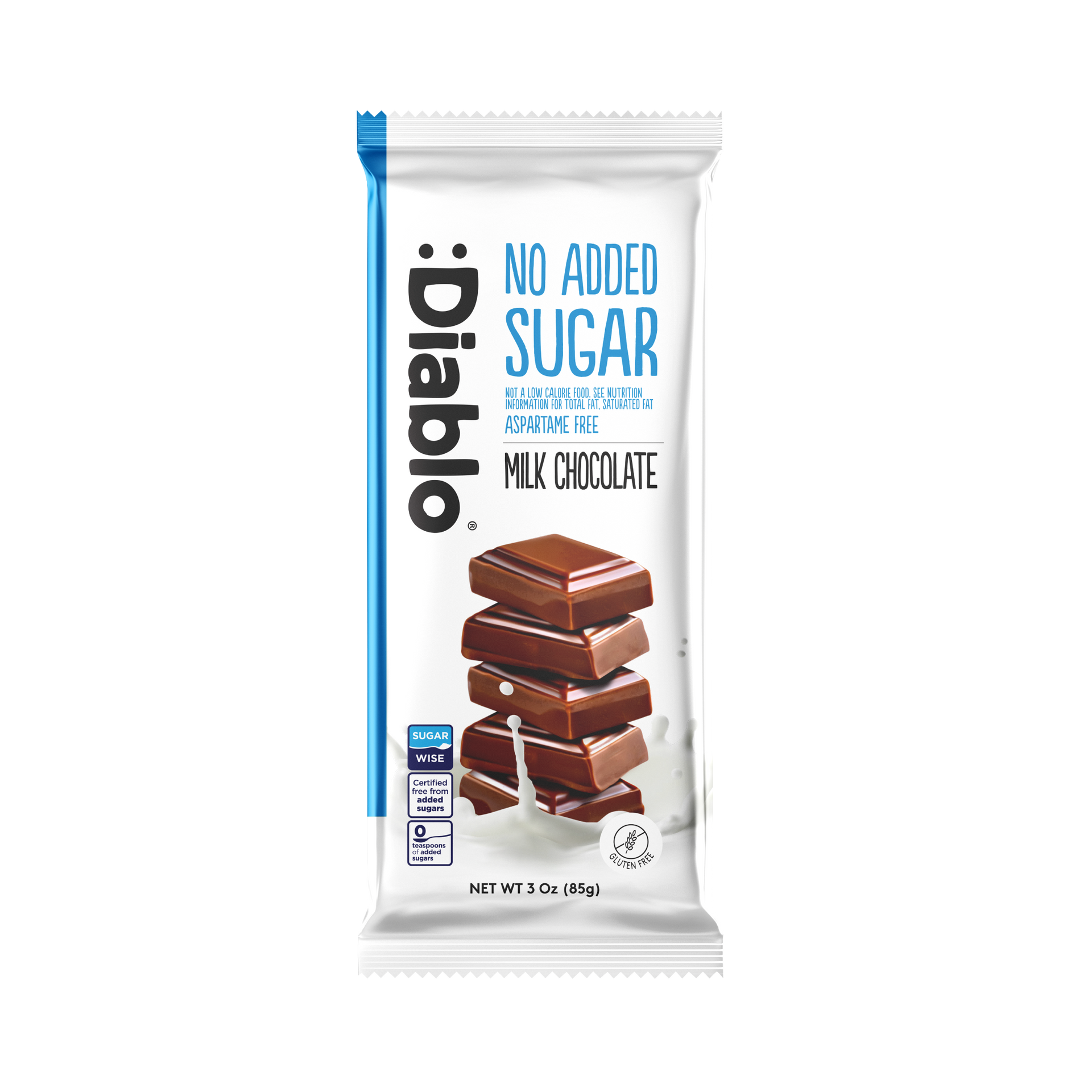 Diablo No Added Sugar Milk Chocolate Bar 85g wrapped tablet, maltitol sweetened, creamy milk chocolate formulation