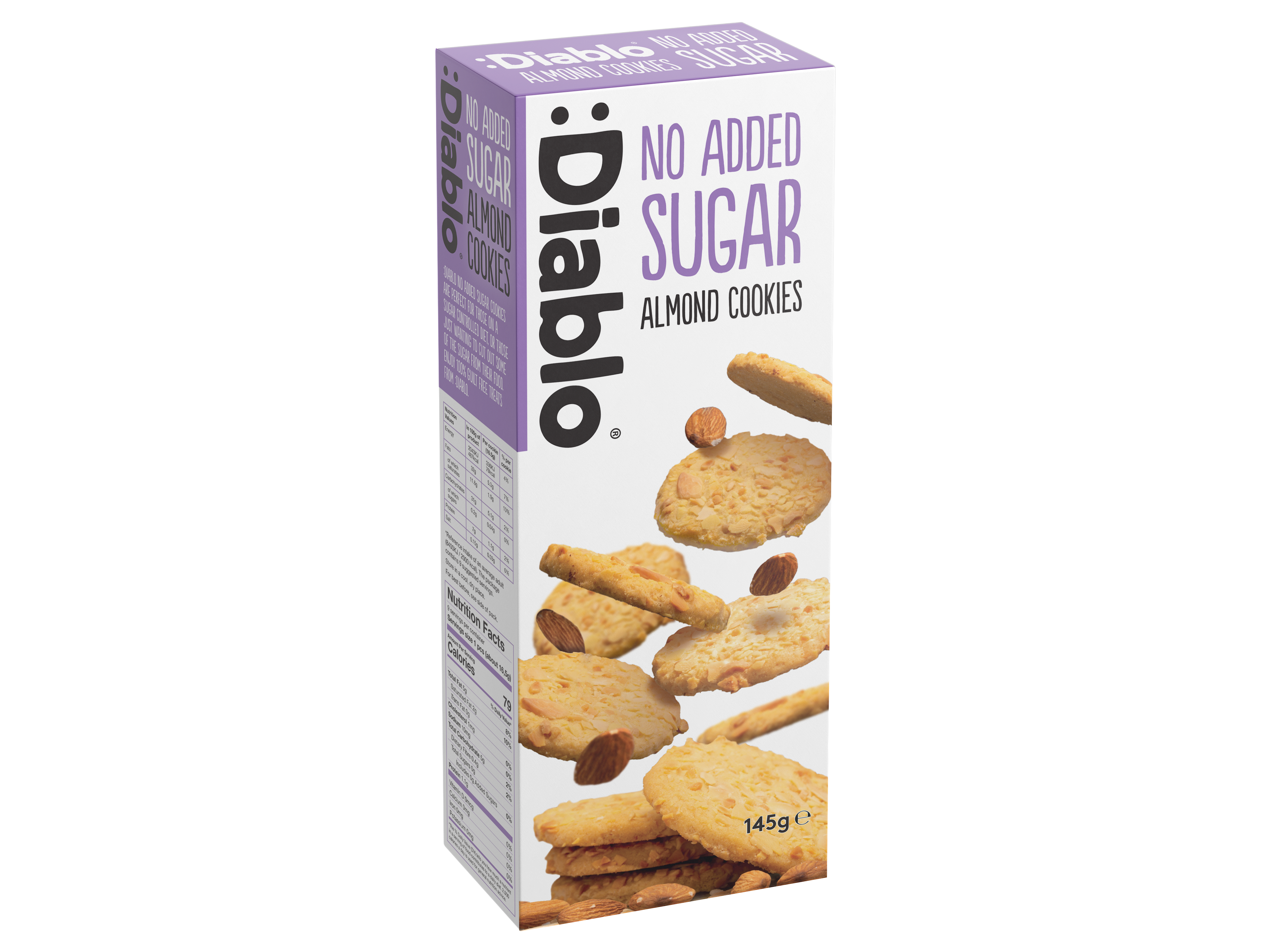 Diablo No Added Sugar Almond Cookies 145g pack with premium almond-enriched biscuits
