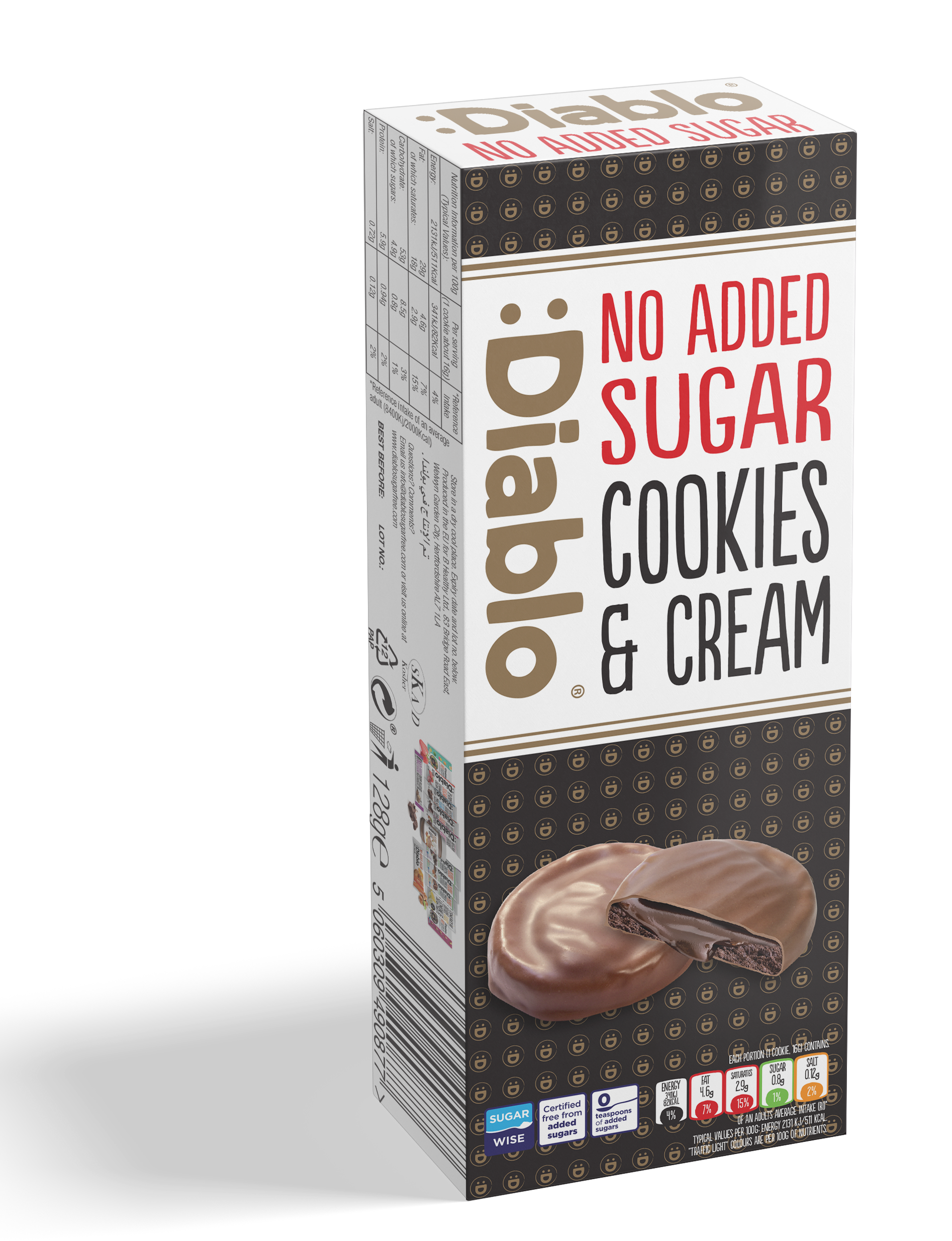 Diablo No Added Sugar Dark Chocolate Cookies and Cream 128g pack